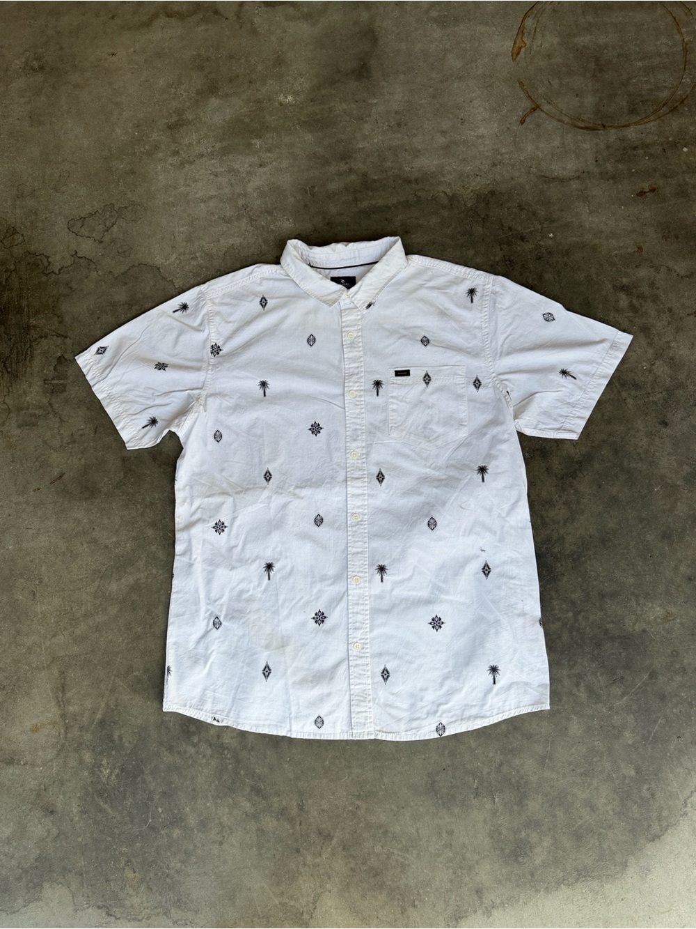 Rip Curl Colombo Geometric & Palm Tree Shirt Short Sleeve Pocket Cotton Men’s L